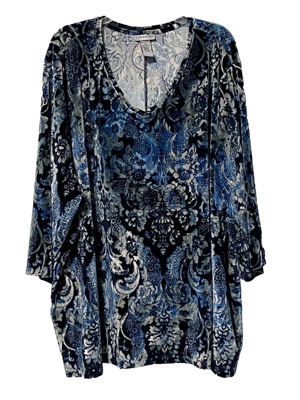 Catherines Velvet Floral Top Boho Artsy Romantic V-Neck 3/4 Sleeve Blue size 5X